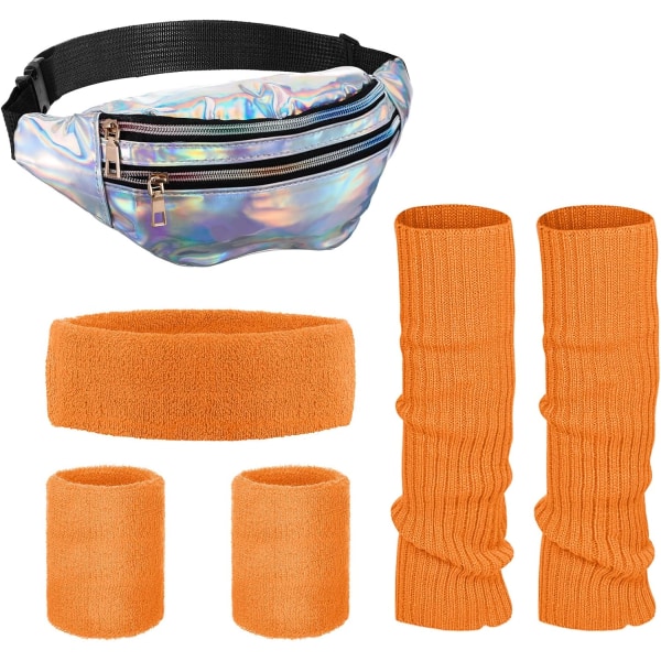 INIOR 80-tal Neon Benvärmare Set Holografisk Fanny Pack Stickad Benvärmare Pannband Armband för Yoga Running Orange, Silver One Size