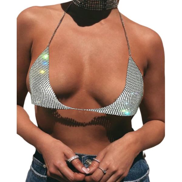 OMNIA Dam Sparkly Rhinestone Halter BH Toppar Sexig Bikini Crop Toppar Dansfest Klubb Rave Kostym Silver En Storlek