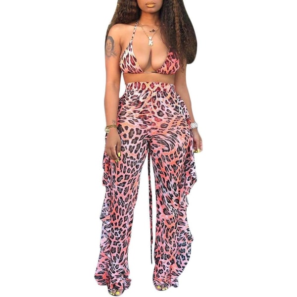 Beading Pearl See Through Sheer Mesh 2 Pieces Outfits Jumpsuits Crop Top och Hollow Out Ruffle Long Pants Leopard 4X-Large