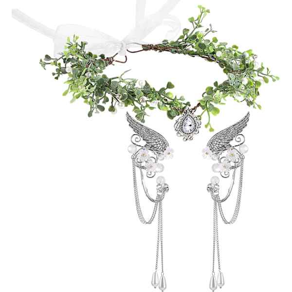 En Halloween Alver Cosplay Set Fe Blomsterkrona Huvudbonad Alvöron Manschetter Renässans Blomsterblad Alver Vingar Öronmanschett Vit Eucalyptus
