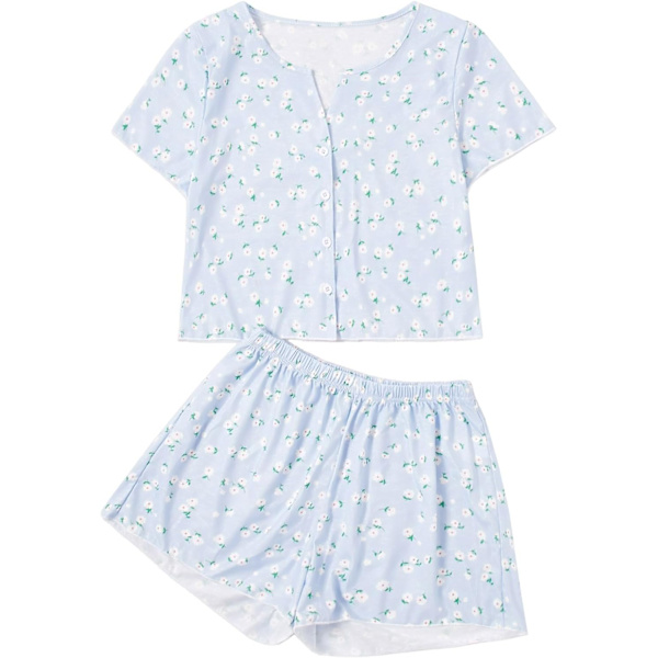 dusa Dam 2-delad knapp ned kortärmad Ditsy blommig knapp framtill nattkläder Loungewear PJ set Blå X-Large