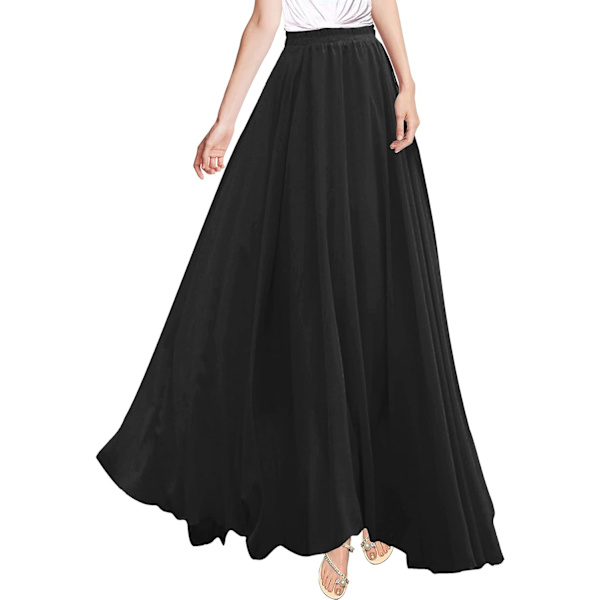 Dam Full/Ankel Längd Elastisk Plisserad Retro Maxi Chiffon Lång Kjol Svart-2 Lager XX-Large