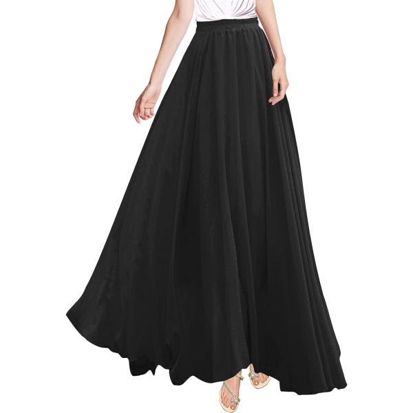 Kvinnor Full/Ankel Längd Elastisk Plisserad Retro Maxi Chiffon Lång Kjol Svart-2 Lager Liten