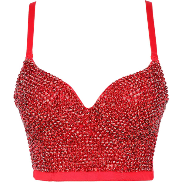 en's Bustier Crop Top Mesh Corset Top Push up Rhinestone Diamond Bra Club Party Vest #2 Röd X-Small