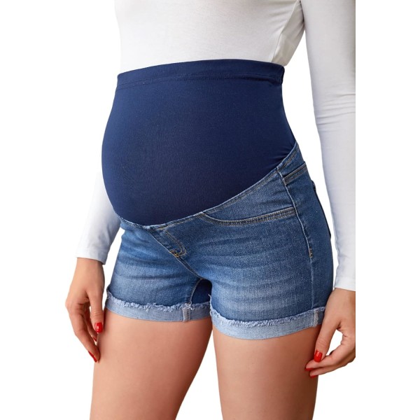 dusa Gravid jeansshorts för gravida kvinnor med hög midja sliten rå fåll Gravid Jeans Kort Marinblå Stor