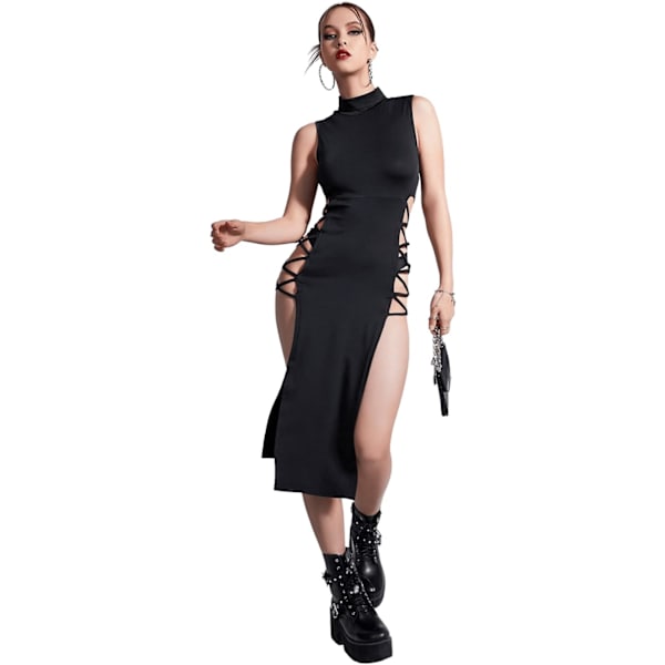 dusa Dam Crisscross Hög Split Mock Neck Ärmlös Midi Bodycon Klänning Svart X-Large