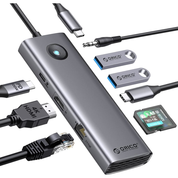 USB C-dockningsstation, 9-i-1 USB C-dongel med 4K HDMI, 2,5G Ethernet, 100W PD-laddning, SD/TF-kort, VGA och 3 USB 3.0-dataportar, lämplig för MacB