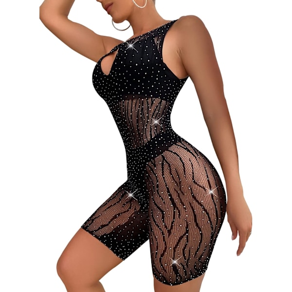 hicGu Dam Sexy Sparkle Rhinestone Lingerie Långärmad Fishnet Bodysuit Klänning Svart Mesh Stripper Outfit Svart Tz3