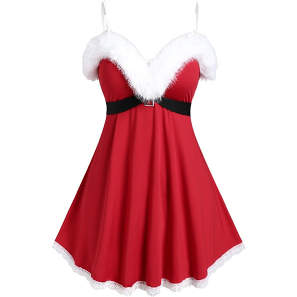 E GAL Rosegal Damkläder Plus Size Lingerie Chemise Velour Panel Bowknots Ruffled Hem Babydoll med G-String Trosa Röd 1X