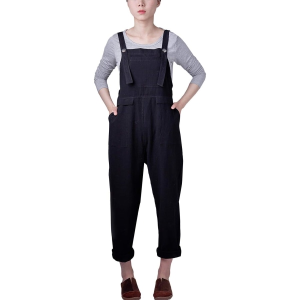 Dammode Baggy Lös Linne Overall Jumpsuit Oversized Casual Ärmlös Rompers med Ficka Svart X-Large