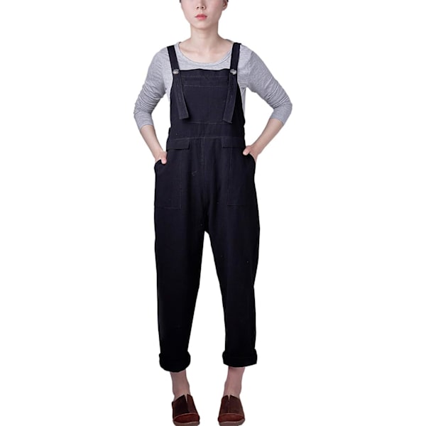 Dammode Baggy Lös Linne Overaller Jumpsuit Oversized Casual Ärmlös Rompers med Ficka Svart XX-Large