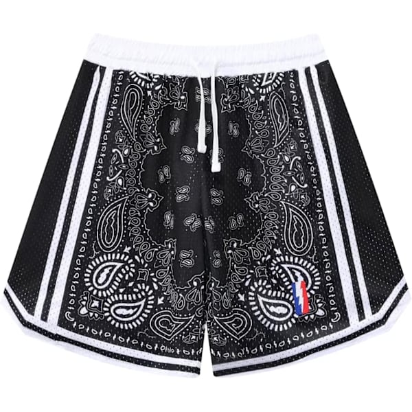 EMON herr basketshorts träning atletisk paisley shorts mesh print löparshorts svarta små