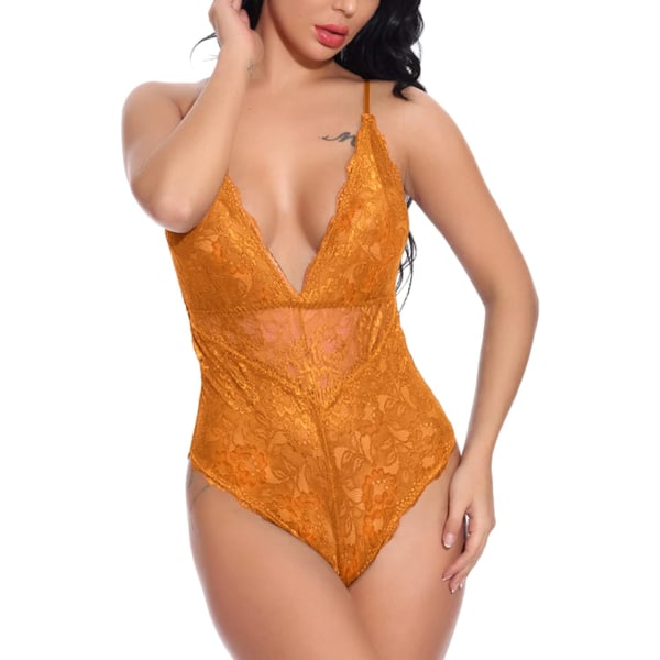 nmei Sexig spetsbody för kvinnor Djup V Snap-grenen Teddy One Piece Spets Babydoll Underkläder Orange X-Large