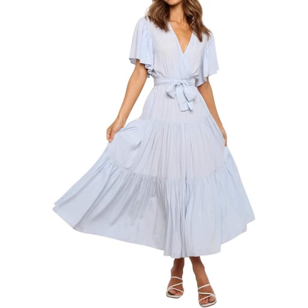 ivimos Sommarklänning för kvinnor Bomull Volang Korta ärmar V-ringning Casual Flowy Midiklänning med bälte Skyblue-shortsl Medium