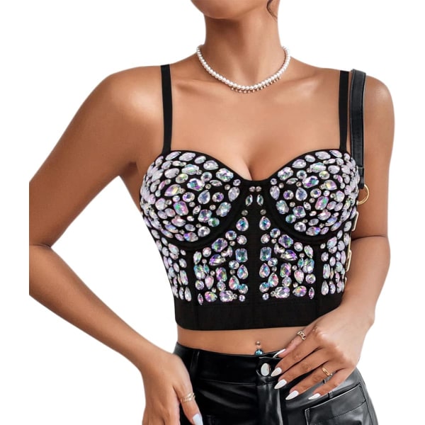 ohu Dam färgglada strass Diamond Bustier Crop Top Push Up Korsett BH Klubbkläder Festväst Svart Silver Liten