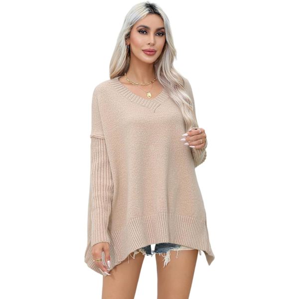 ivimos Dam Överdimensionerad Tröja Höst Långärmad V-ringning Lös Casual Toppar Grovstickad Pullover Sidoslits Varm Tröja Khaki Stor