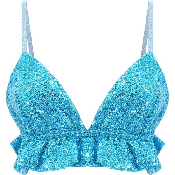 mo Dam Sequin Ruffle Crop Top Bralette Bra Rave Dance Tops Blå Sequin Liten
