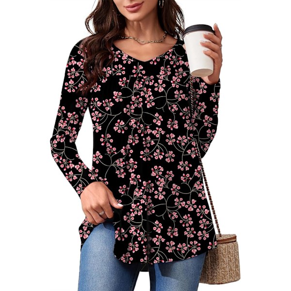 LASI Dam långärmad tunika toppar V-ringning casual dressy T-shirts lös passform bära med leggings blusar höst toppar för kvinnor svart strimlad  liten