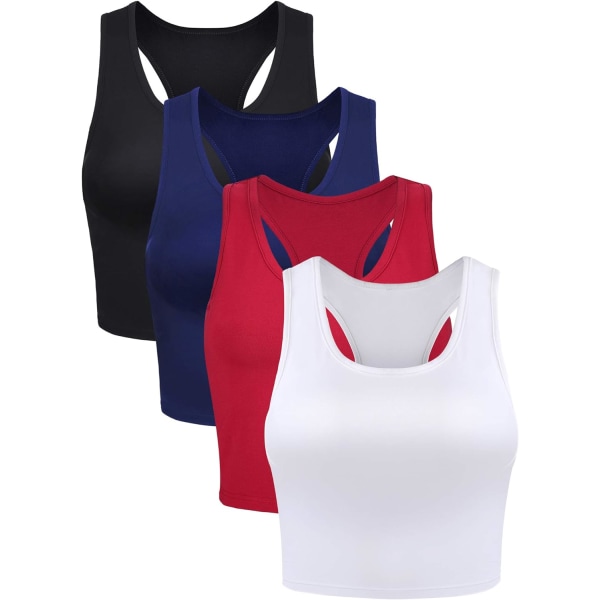 INIOR 4-delads Basic Crop linne ärmlösa Racerback sportlinnen i bomull för kvinnor (svart svart, marinblå, wi liten