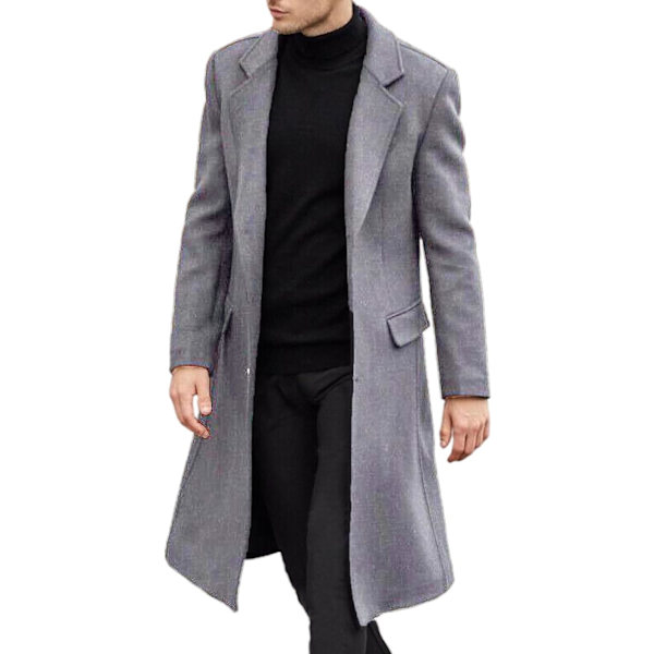 THRON Herr Casual Trenchcoat Slim Fit Notch Krage Lång Jacka Overcoat Enkelknäppt Peacoat med Fickor Grå Medium