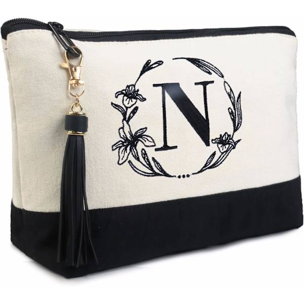 Grön Personlig Present Initial Makeup Bag Födelsedagspresenter för Kvinnor Canvas Broderi Kosmetisk Väska med Innerficka, Färgglatt Mönster, Färgglatt Mönster