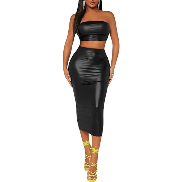 dusa Dam 2-delat set PU-läder kort tubtopp och lång bodycon kjol set svart X-Small