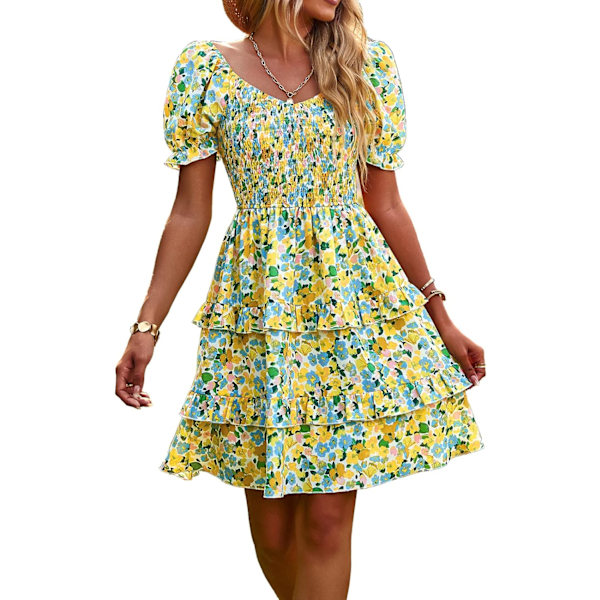 EN Kvinnors klänningar Casual sommar tryck volang A-linje kortärmad miniklänning blommig klänning för kvinnor 1-4 gul medium