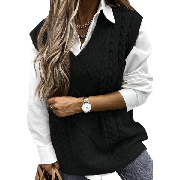 ANISA Dam V-hals Ärmlös Oversize Tröja Väst Casual Lös Kabel Stickad Tröjor Tank Pullover Höst Vinter Kläder Z-svart X-Large