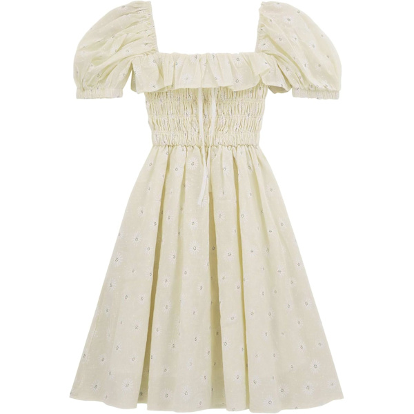 ivimos Dam Sommar Bomull Korta Ärmar Fyrkantig Hals Elastisk Smokad Volang Blommig Tryck Gunga Miniklänning Beige Liten