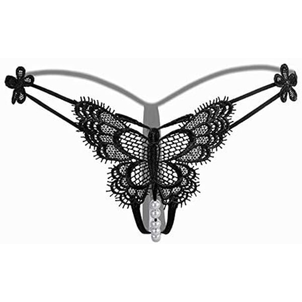 exi Fashion Dam Öppen Gren Trosa Transparent Sexig Underkläder Cutout Spets Broderi G-String Trosor Svart2 En Storlek