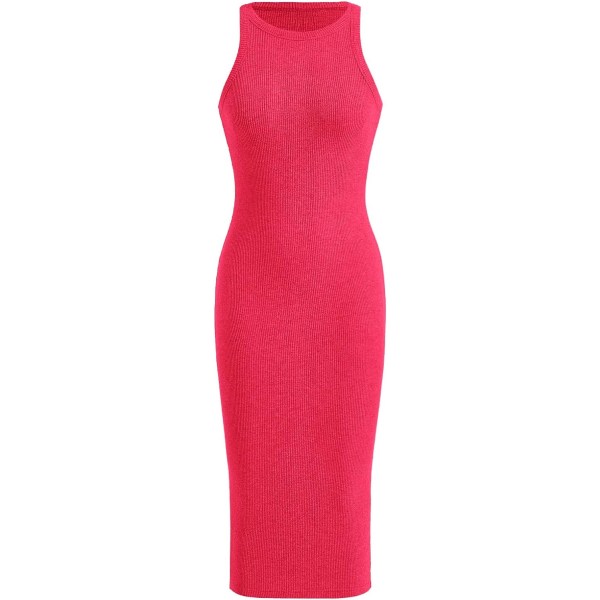 dusa Basic Ribbstickad Klänning Ärmlös Midi Tank Klänning Crewneck Knit Bodycon Klänning Hot Pink Small