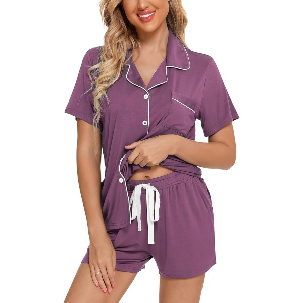 ng Dam Button Down Pyjamas Set V-hals Kortärmad Nattkläder Mjuk Pj Set S-XXL, A Style Byxor Ingen B Style Med Fickor- Lila X-Large