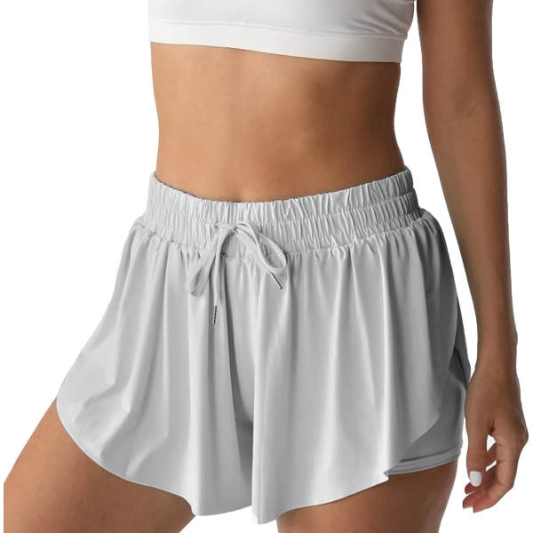 Atletiska shorts för kvinnor löpning tennis Butterfly shorts flickor 2-i-1 dubbellager snabbtorkande bekväma shorts ljusgrå liten
