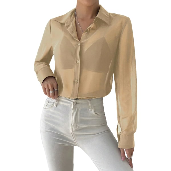 dusa Dam Sheer Mesh Button Up Skjorta Långärmad Genomskinlig Blus Aprikos X-Small
