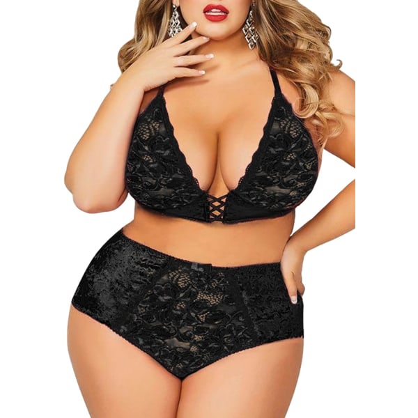 a Lust Plus Size Lingerie Set för kvinnor - Sexig krossad sammet mesh spets upp exotisk halter bralette & hög midja trosa svart XX-Large