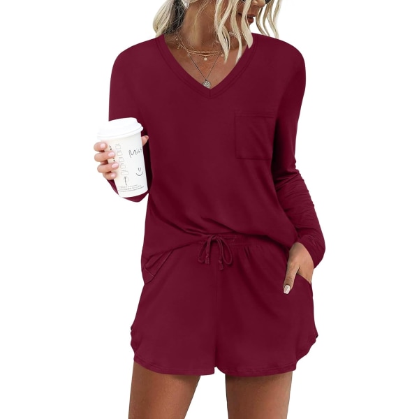 MOON Damkläder Långärmad Lounge Set 2 Delar Söt Kort Pyjamas Set Med Ficka Sovkläder Vinröd XX-Large