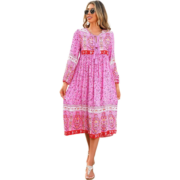 ivimos Dam långärmad blommig retro V-ringad tofs bohemisk midiklänning fuchsia XX-Large