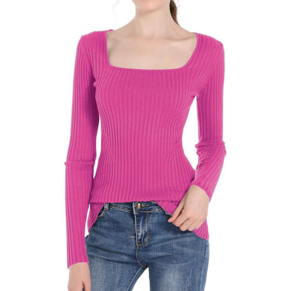 Kvinnor fyrkantig hals stickad elasticitet stretchbar långärmad smal tröja toppar Hotpink X-Large