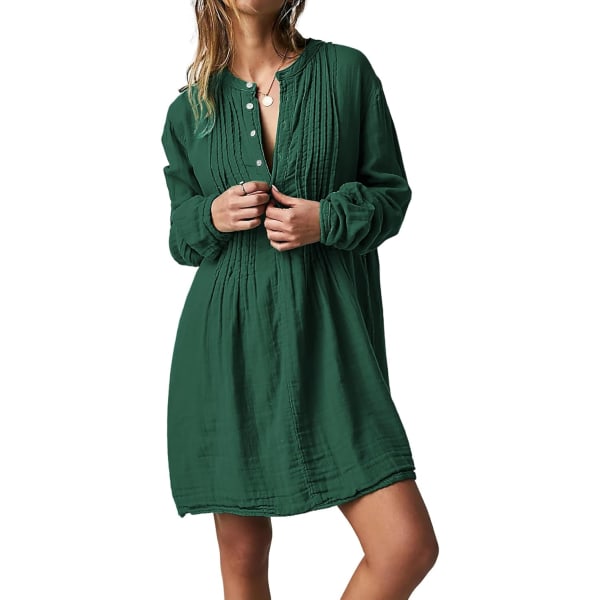 ivimos tunikaklänning för kvinnor Höst bomull Knäppning med långa ärmar Casual miniskjortaklänning Smaragdgrön Medium