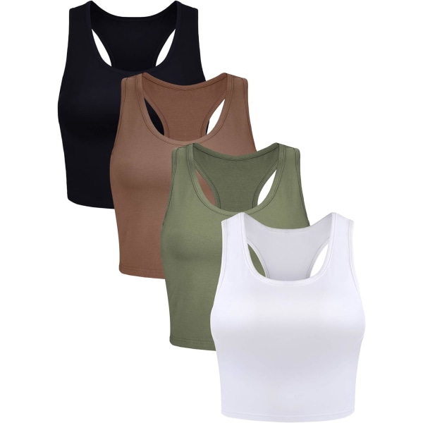 INIOR 4-delads Basic Crop linne ärmlösa Racerback sportlinnen i bomull för kvinnor (svart svart, vit, en liten