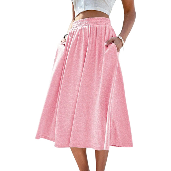 dusa Dam Elastisk Midja Fickor Sida A Linje Midi Swing Flared Kjolen Rosa Liten