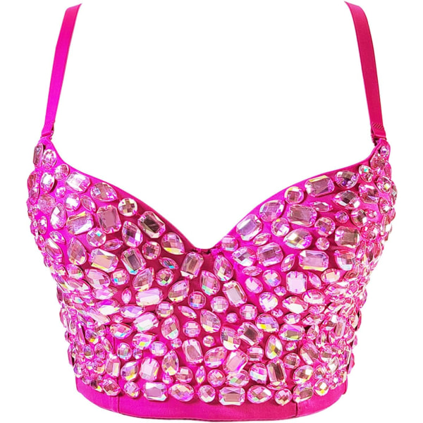 NDEO Dam Bustier Crop Top Korsett Top Push up Rhinestone Diamond BH Club Party Väst med Avtagbara Remmar Rose X-Small
