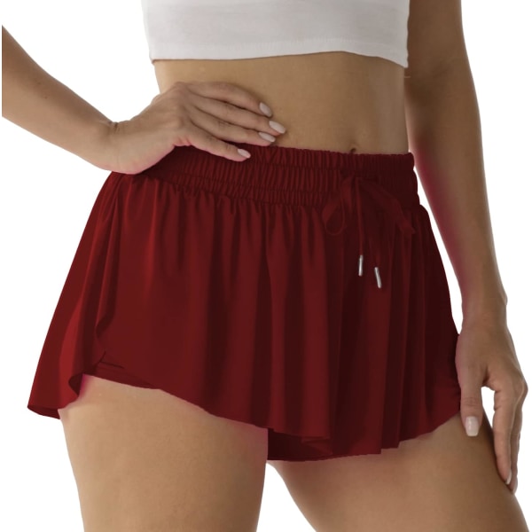 Atletiska shorts för kvinnor löpning tennis Butterfly shorts flickor 2-i-1 dubbellager snabbtorkande bekväma shorts vinröd liten
