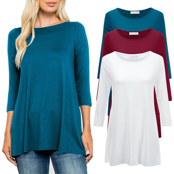e to Live 3-pack 3/4-längd ärm lång tunika toppar att bära med leggings för kvinnor Lös passform Casual skjortor Resekläder Teal, Vin, Whi Stor