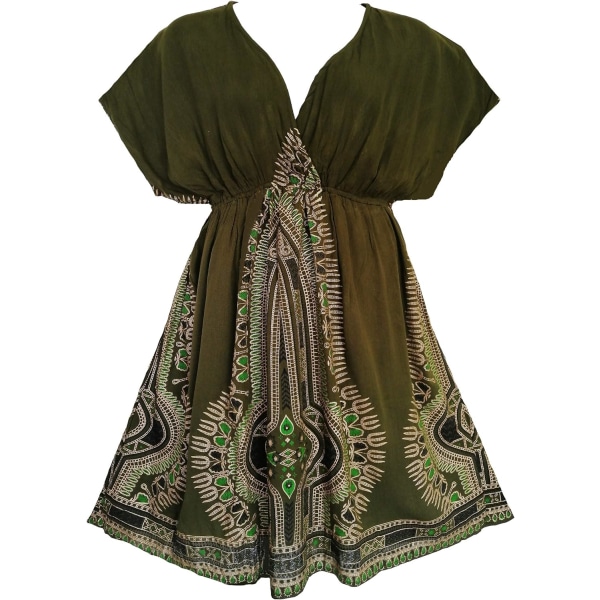 ot Boutique 119 - Plus Size Dashiki Printed Babydoll Cover-Up Vacation Dress Green Gold 2X