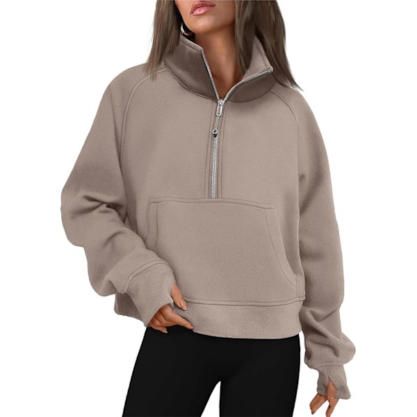 Dam halv dragkedja pullover höst vinter fleece sweatshirts tonåringar flickor fleece kvart långärmad tröja (Khaki,S)