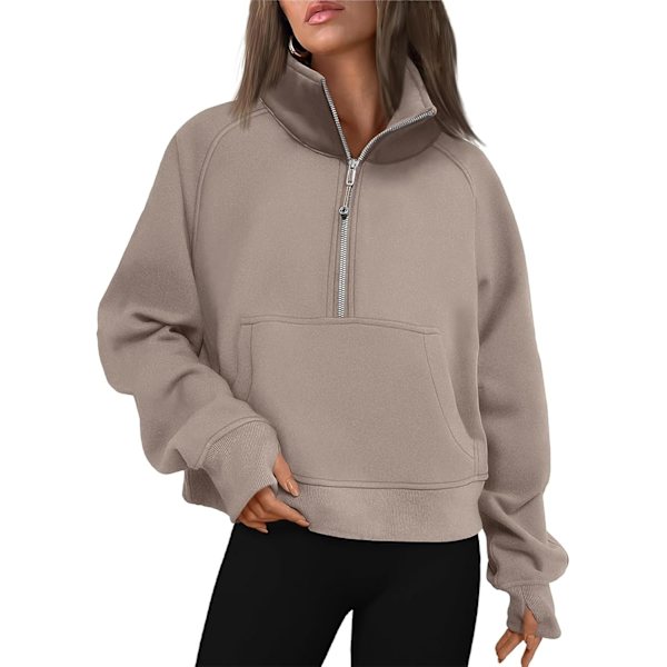 Dam Halv Zip Pullover Höst Vinter Fleece Tröjor Tonårsflickor Fleece Kvarts Långärmad Tröja (Khaki,L)