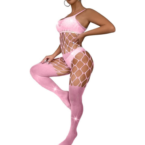 sv Lingerie Fishnet Babydoll Sexiga Strumpor Stretch Halter Chemise Kvinnor Sexig Fishnet Lingerie Bodysuit Sexig Set Rosa