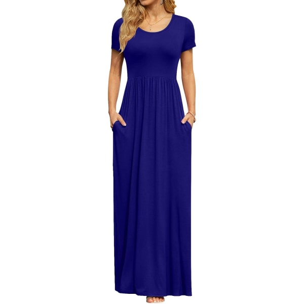 MOON Damkläder Kortärmad Maxiklänningar Casual Empire Midjeklänning med Ficka Royal Blue Large