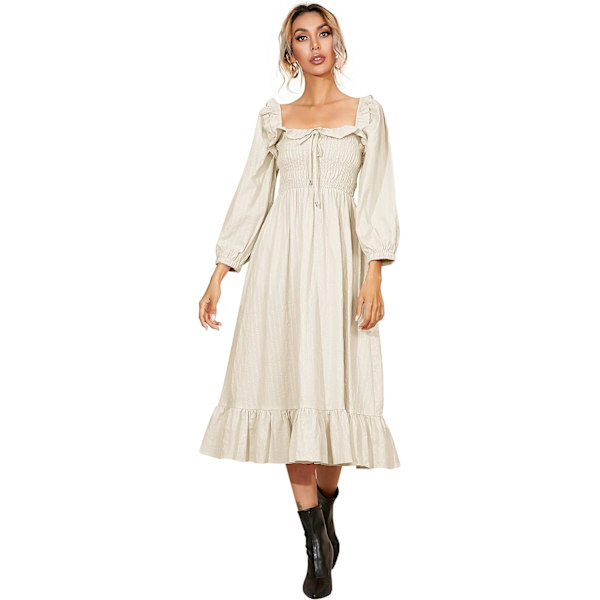 ivimos Dam Linen Höst Långärmad Randig Volang Boho Casual A-Linje Flytande Midiklänningar Beige Liten